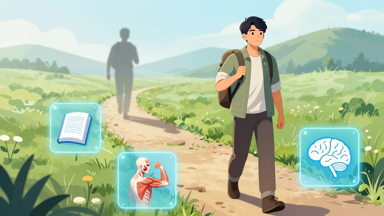 Illustration of a hiker gaining confidence, leaving fear behind via pain education