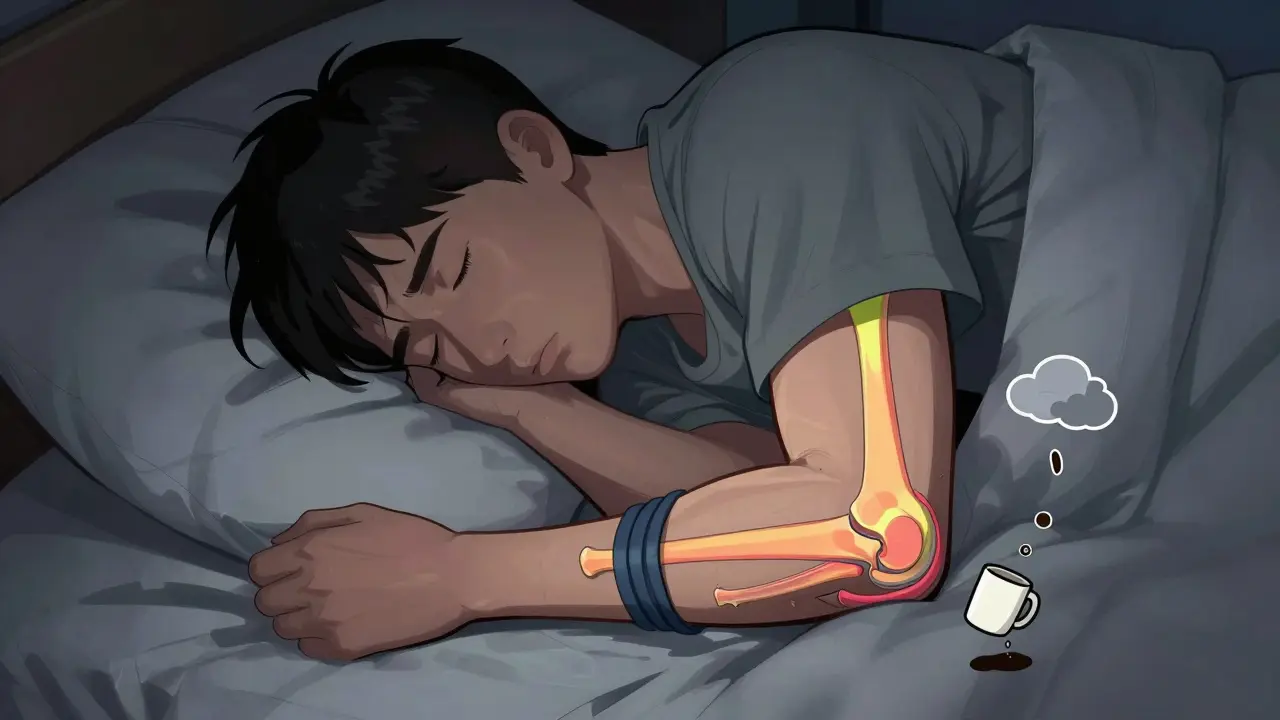 Illustration of a person sleeping with bent elbow causing ulnar nerve pressure and pain
