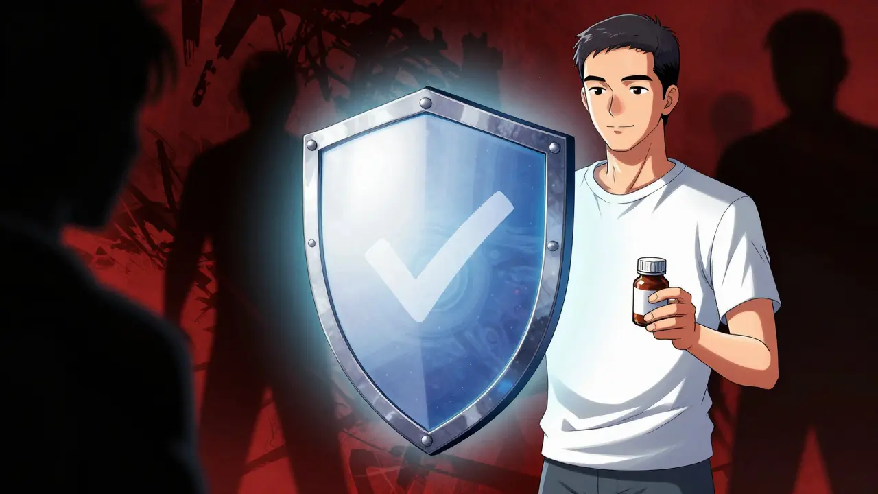 Manhua art showing a shield protecting a patient from fake online pharmacies.