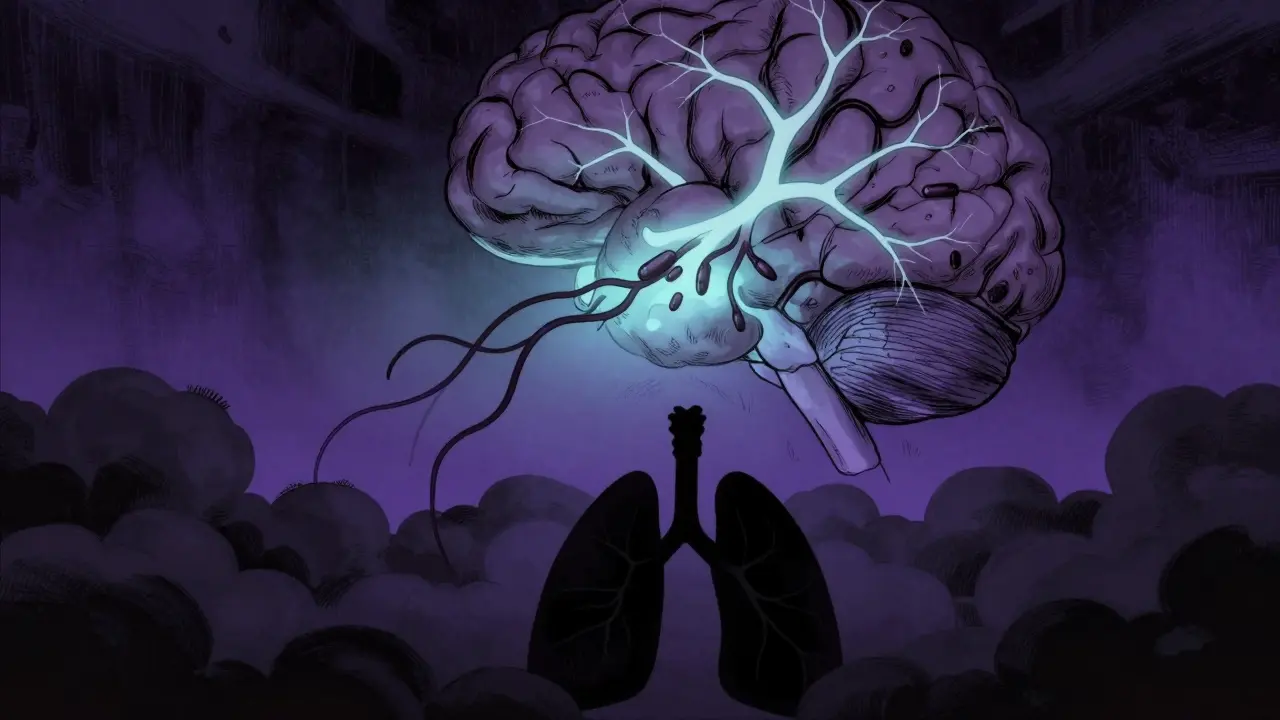 Manhua style: Abstract brainstem showing opioids suppressing breathing drive