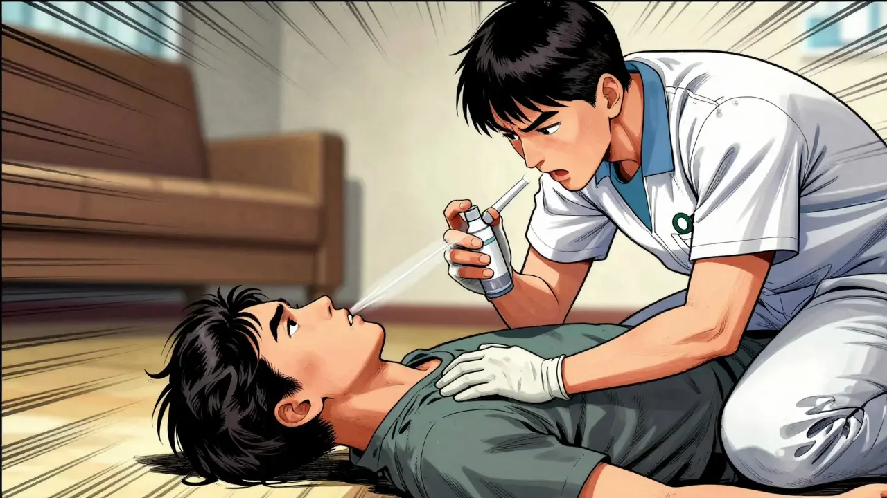 Manhua style: Caregiver administering Naloxone nasal spray to unconscious patient