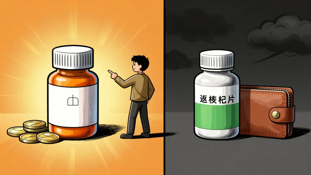 Split view showing cheap generic pills with coins versus expensive brand pills with an empty wallet