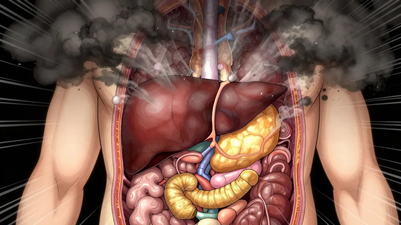 Stylized art of liver and pancreas healing as dark fat clouds dissipate away
