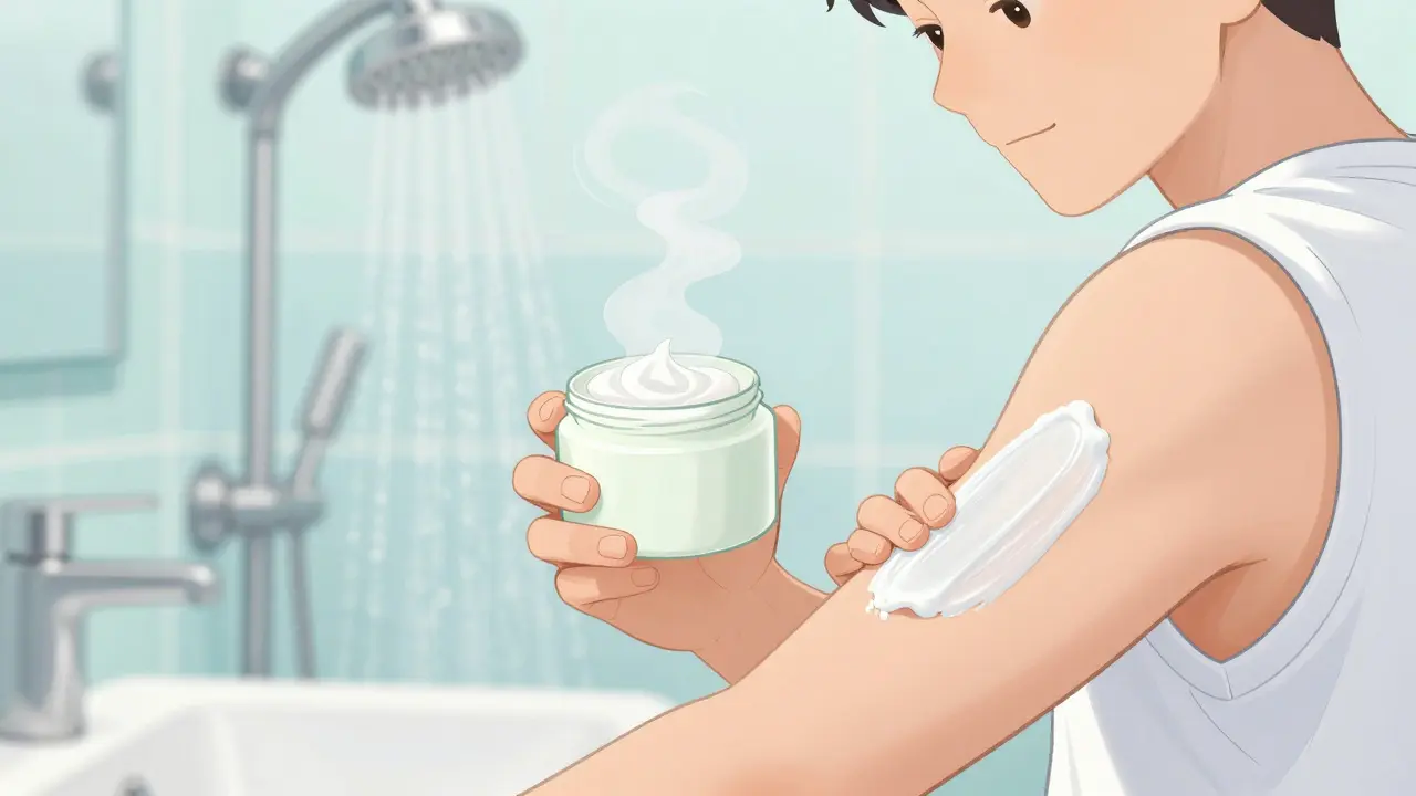 Cartoon illustration of a person applying moisturizer for psoriasis skincare routine