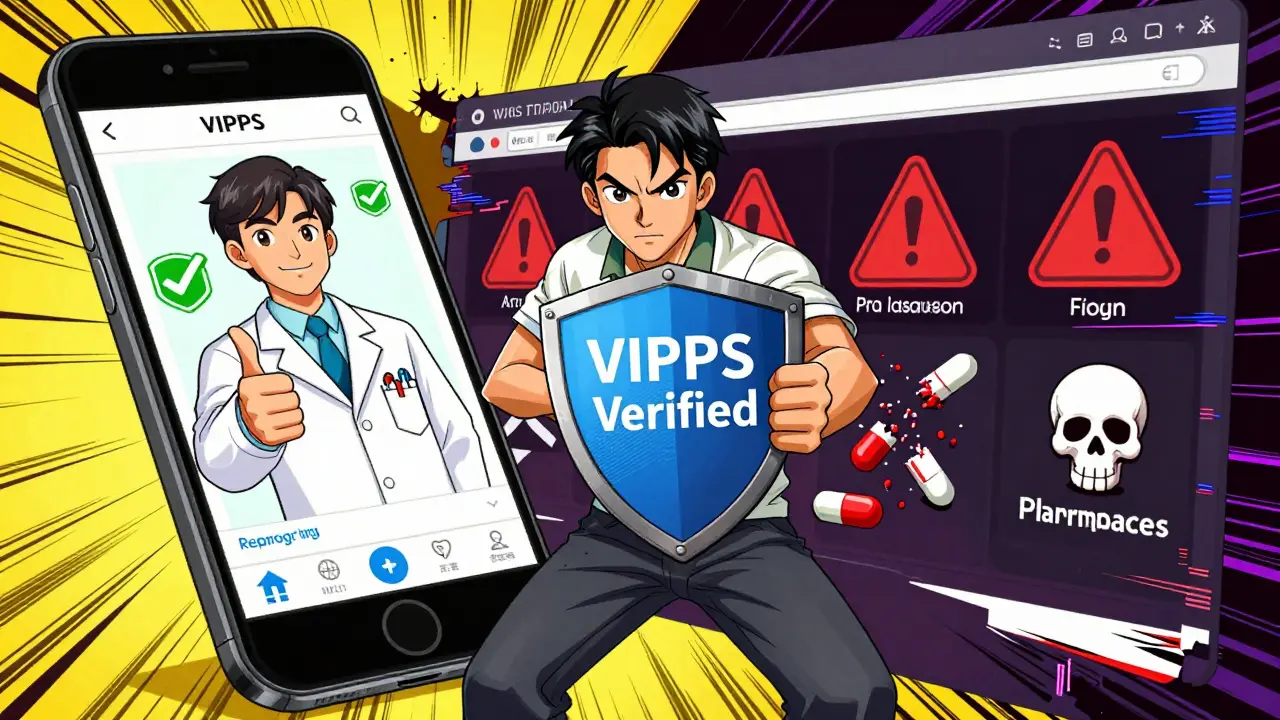 Chinese comic style showing safe telehealth vs dangerous fake drug sites