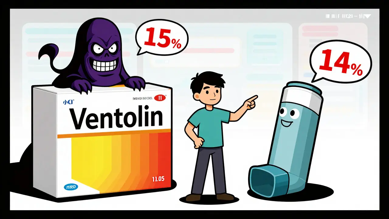 Comic illustration comparing expensive brand name vs cheap generic inhaler prices