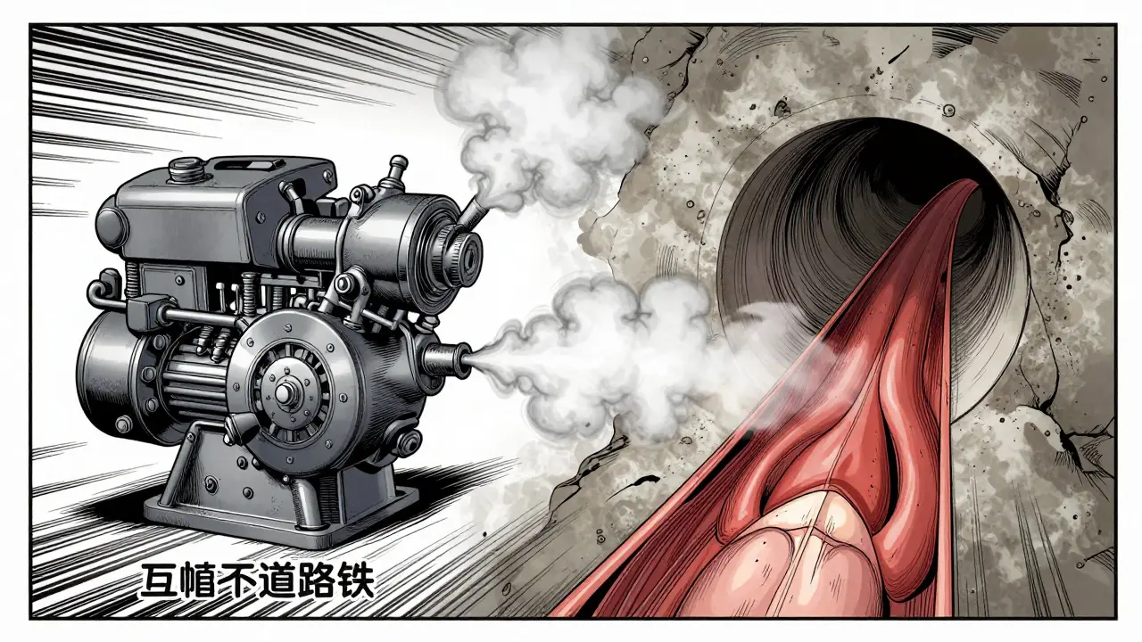 Conceptual manhua art showing weak engine and blocked tunnel representing urinary issues