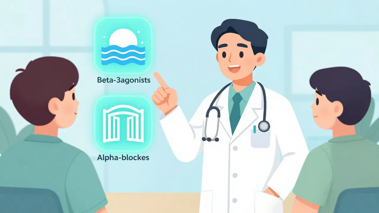Doctor and patient discussing safe medication options with glowing icons in manhua style
