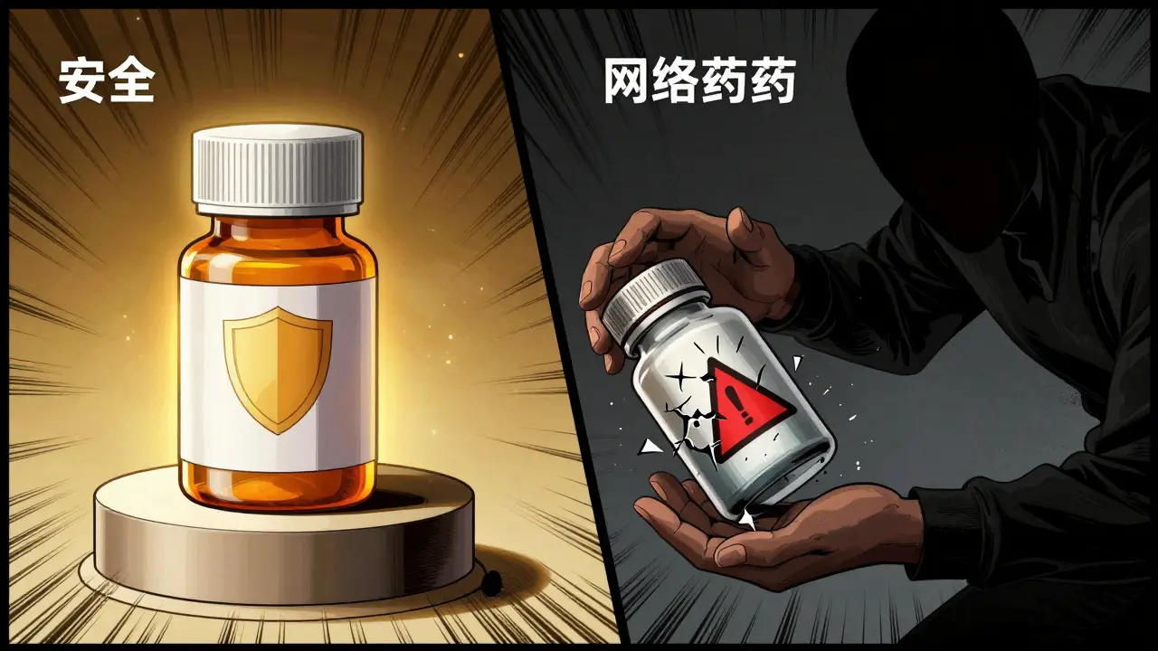 Illustration comparing safe sealed meds vs dangerous fake pills