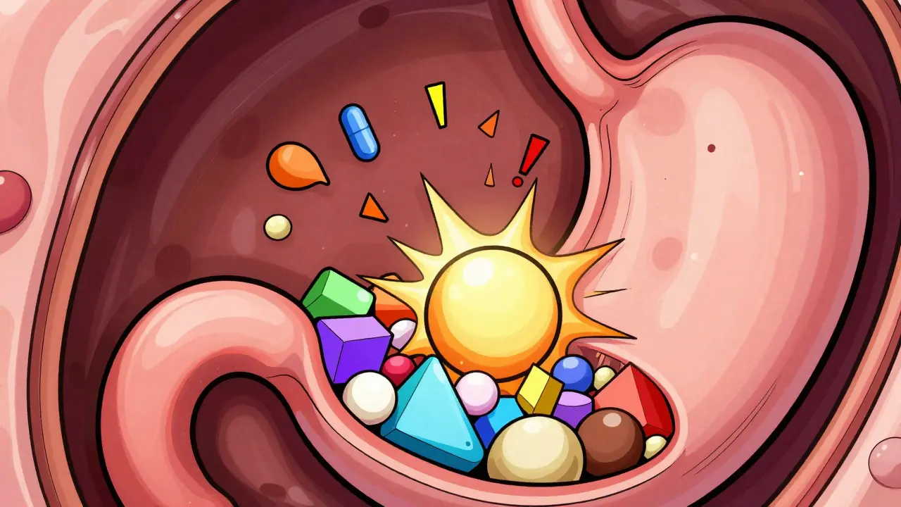 Illustration of a pill dissolving showing active and inactive ingredients