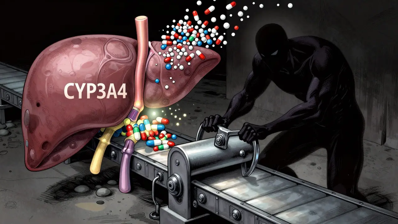 Illustration of enzyme inhibition causing drug buildup