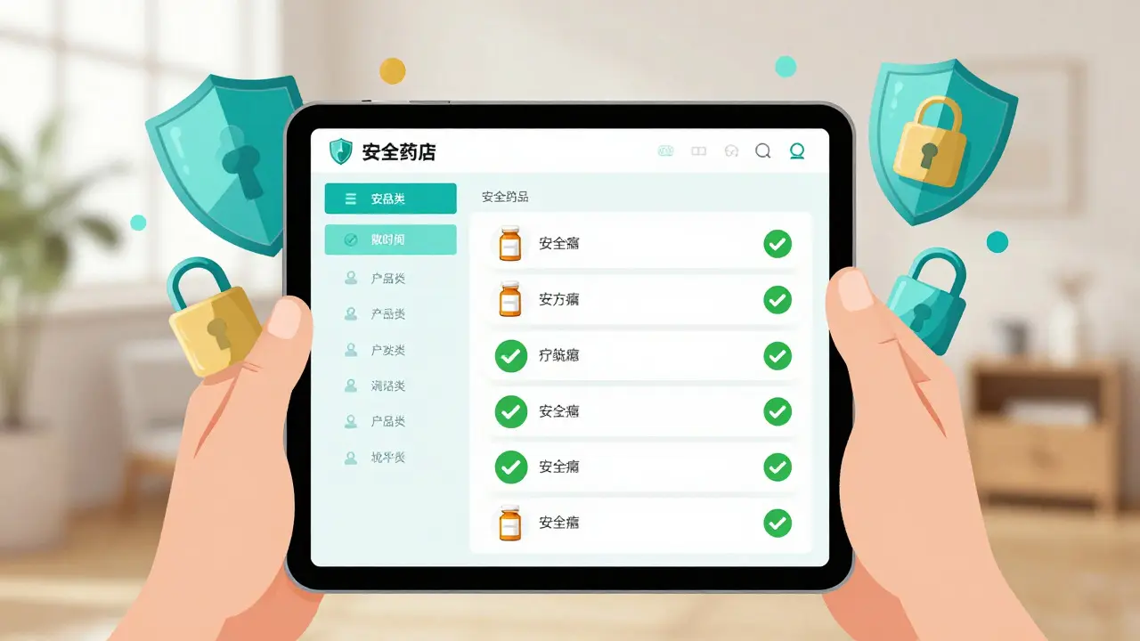 Illustration of safe online pharmacy order with security icons