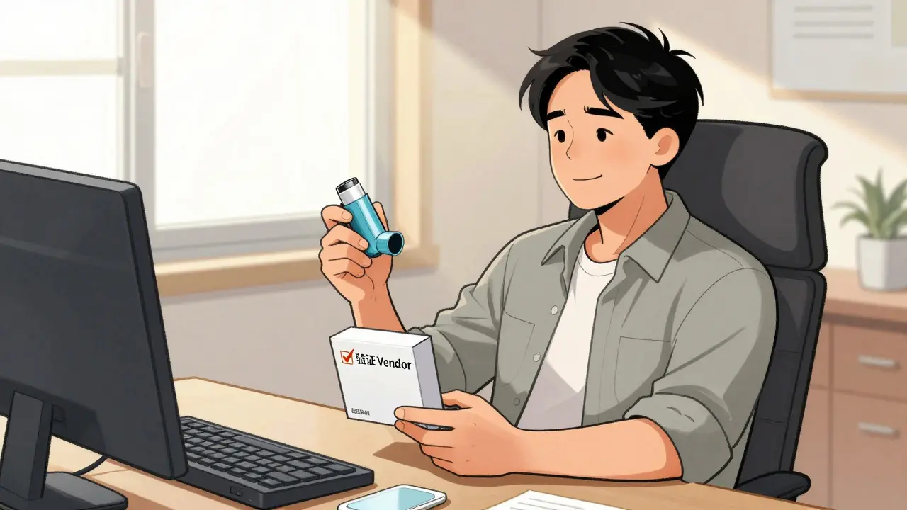 Manhua art of happy person receiving verified generic medication package safely