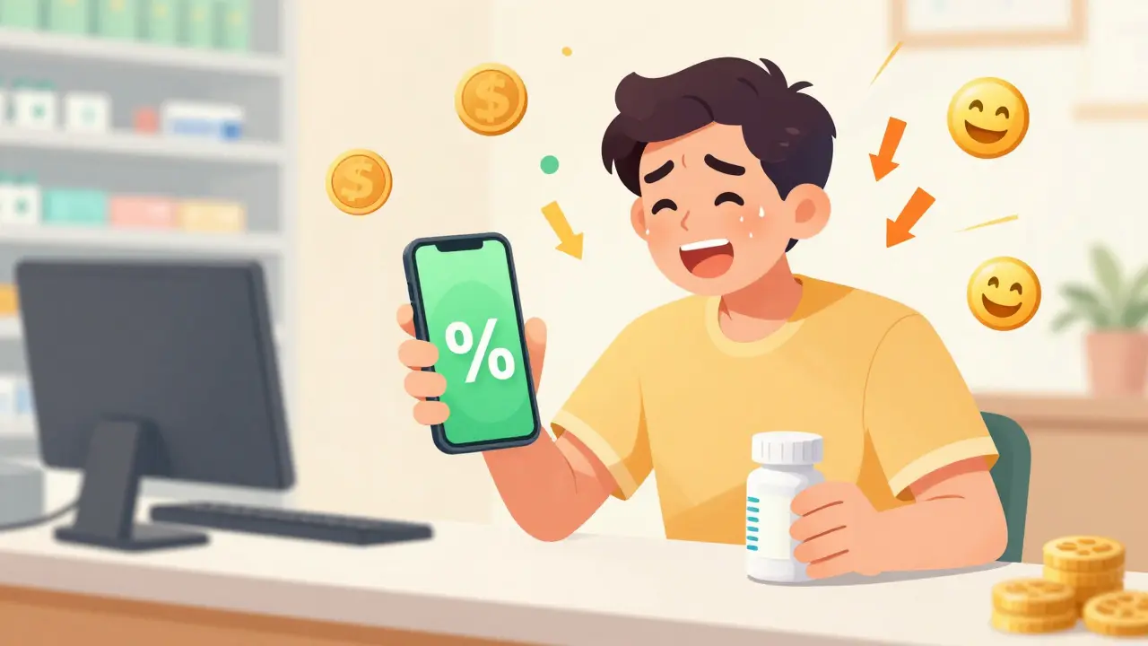 Manhua illustration of happy patient saving money with generic medication