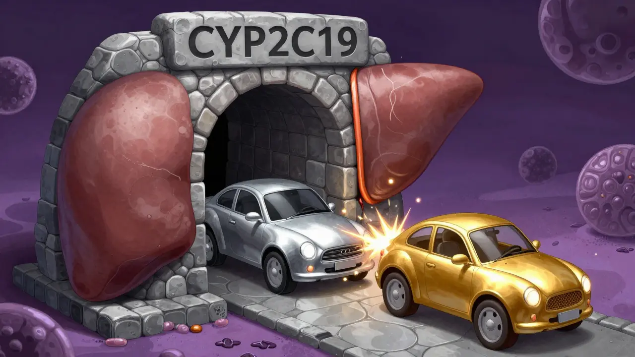 Manhua illustration of Omeprazole blocking Clopidogrel from entering liver enzyme