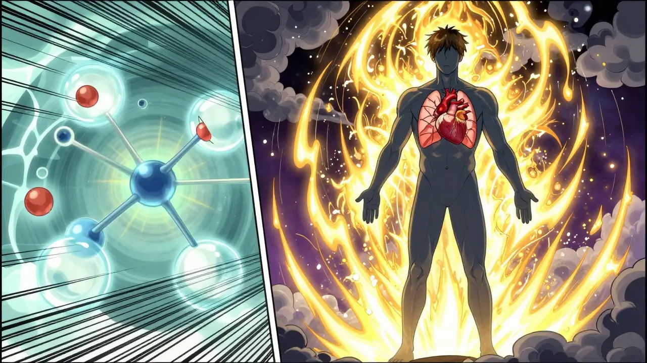 Manhua style graphic of systemic therapy protecting heart and overall health