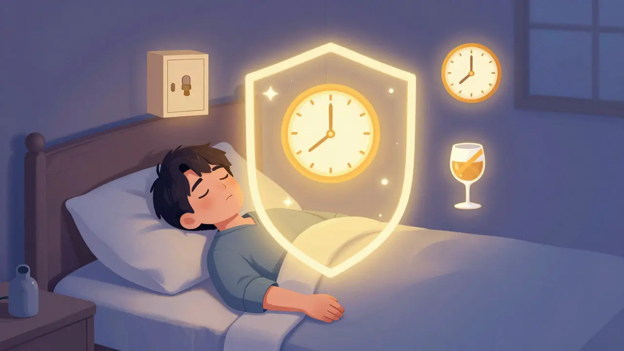 Person sleeping safely with protective icons for medication guidelines.