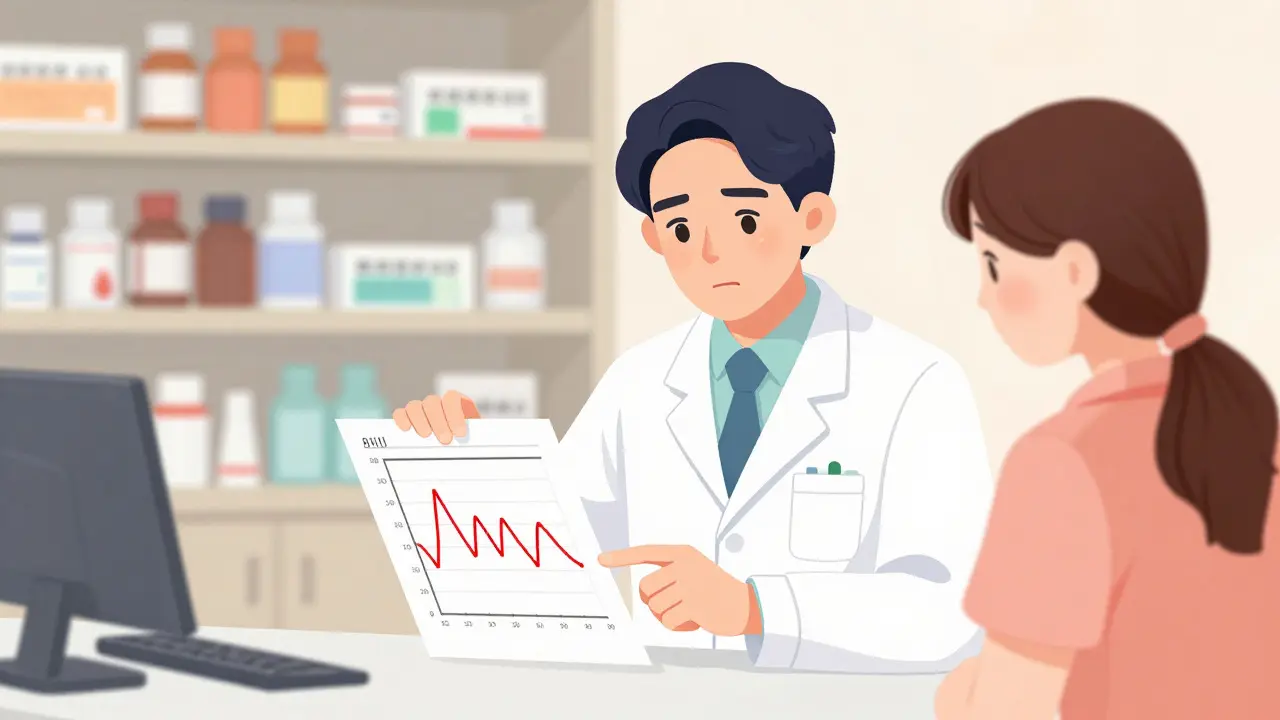 Pharmacist explaining medication charts to a concerned patient