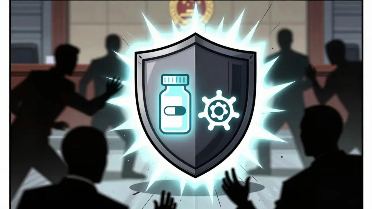 Shield protecting drug-disease pair from generic competitors, manhua illustration