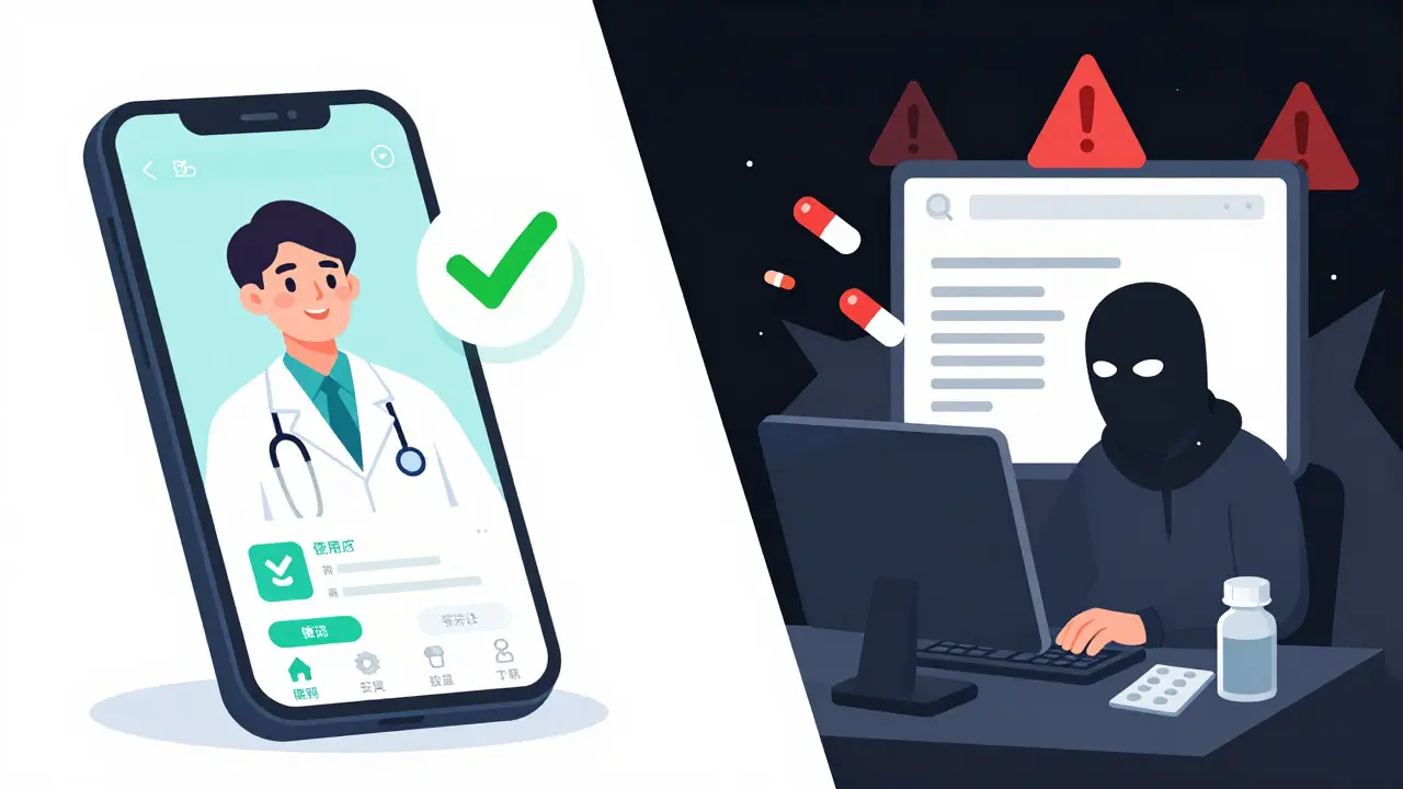 Split view comparing safe telehealth prescription vs risky scam sites.