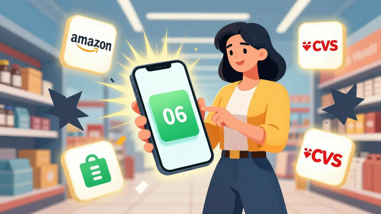 Woman using phone app to find cheap medicine deals online