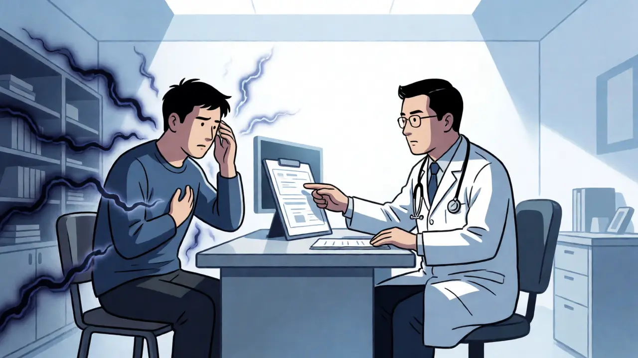 A patient consulting a doctor about severe symptoms requiring prescription treatment in a clinic.