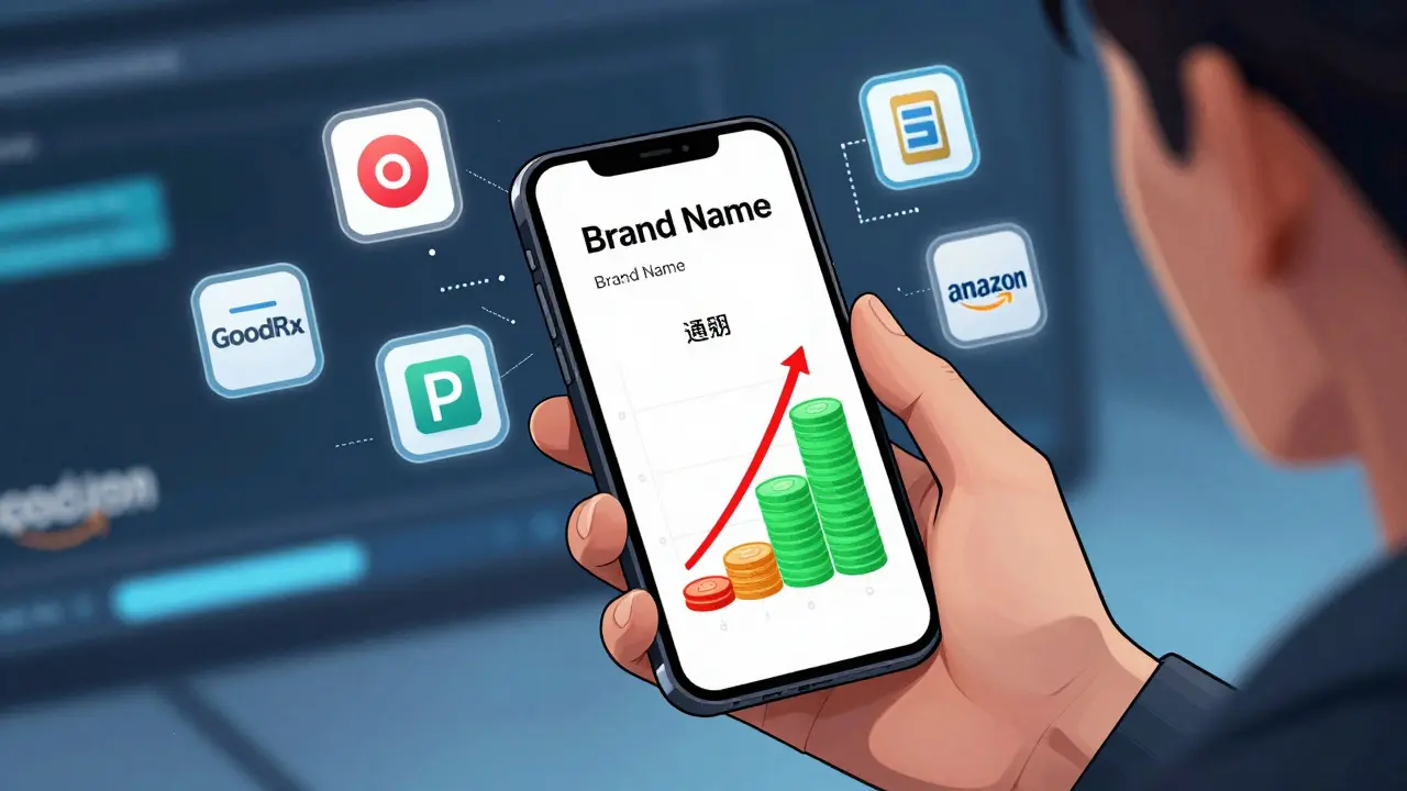 Cartoon user comparing low generic drug prices on smartphone