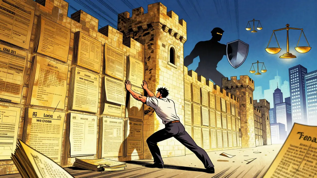 Comic style image of a generic manufacturer pushing through patent barriers