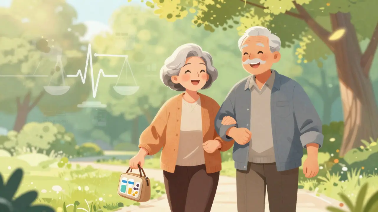 Happy senior couple walking in park with tidy medication bag