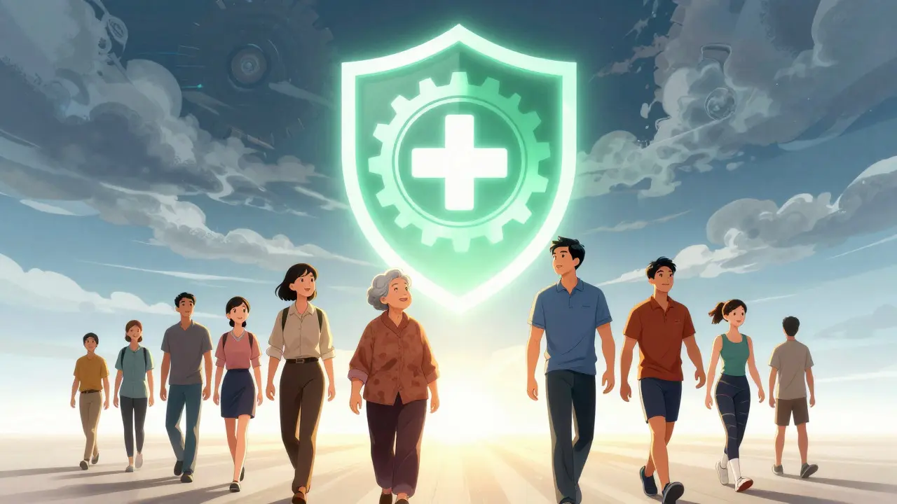 Hopeful manhua illustration of people protected by a unified shield under a bright sky