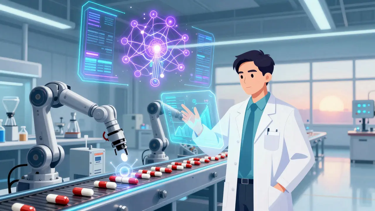 Illustration of an AI-assisted pharmaceutical factory producing generic drugs