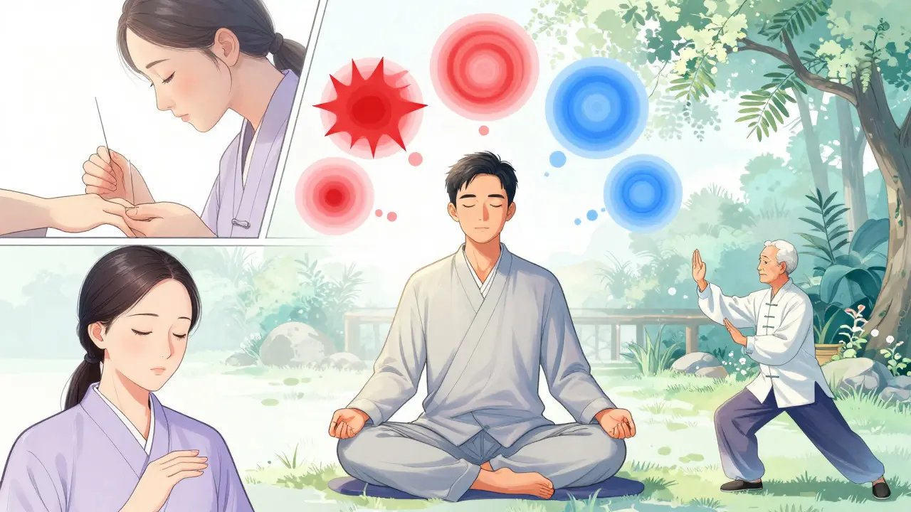 Manhua art of meditation, acupuncture, and tai chi promoting mental calm