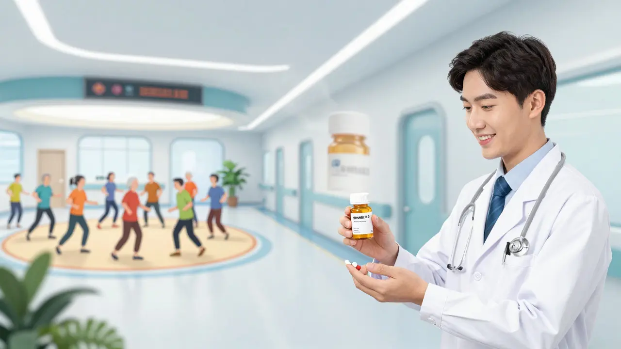 Manhua scene of doctor prescribing new meds and community group exercise