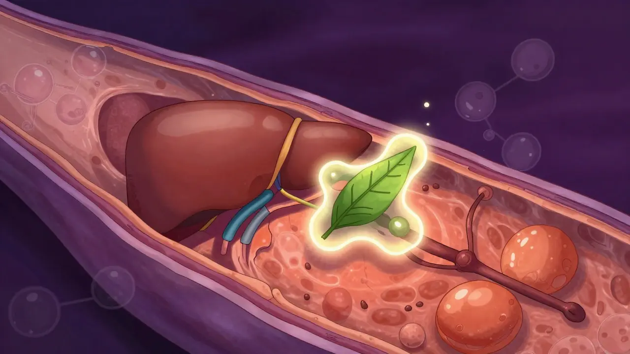 Manhua style depiction of liver enzymes being blocked by herbal molecules