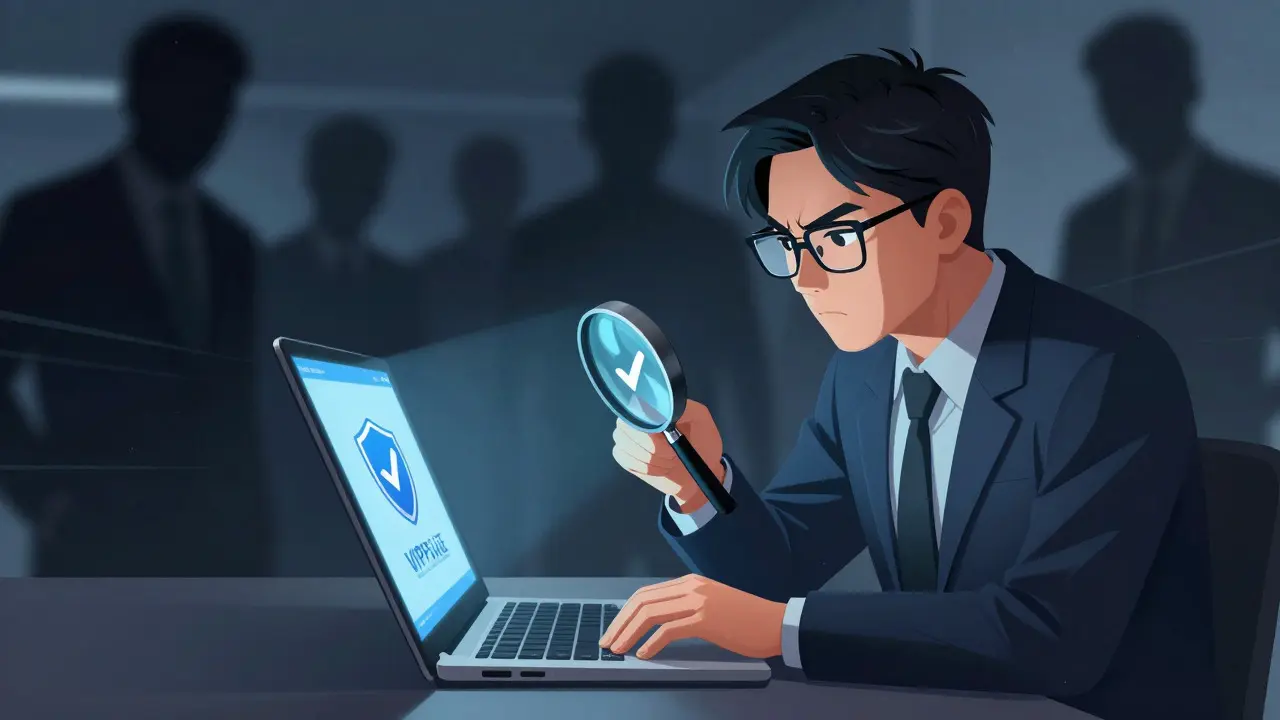 Manhua style person verifying safe online pharmacy credentials