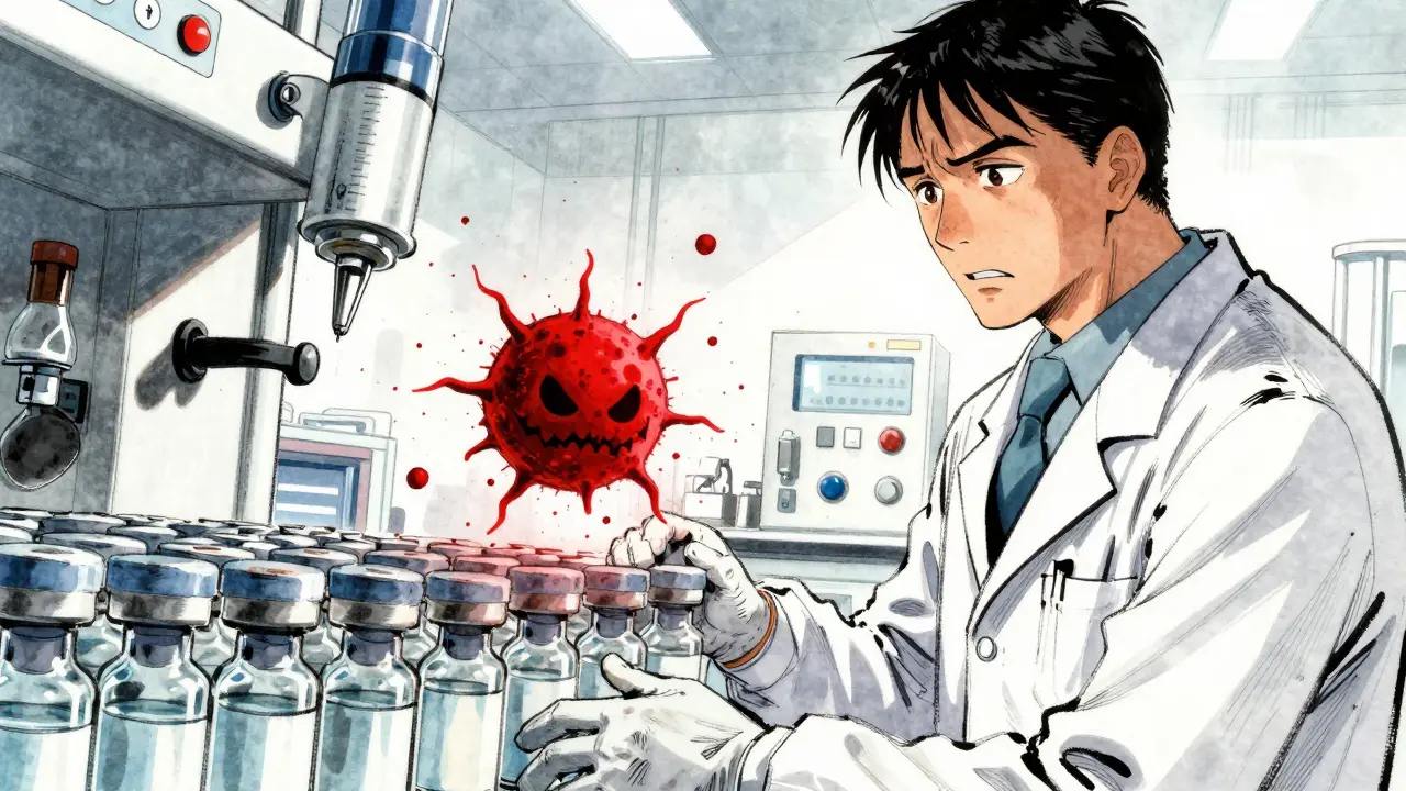 Microscopic contaminant ruining sterile injectable vials in lab