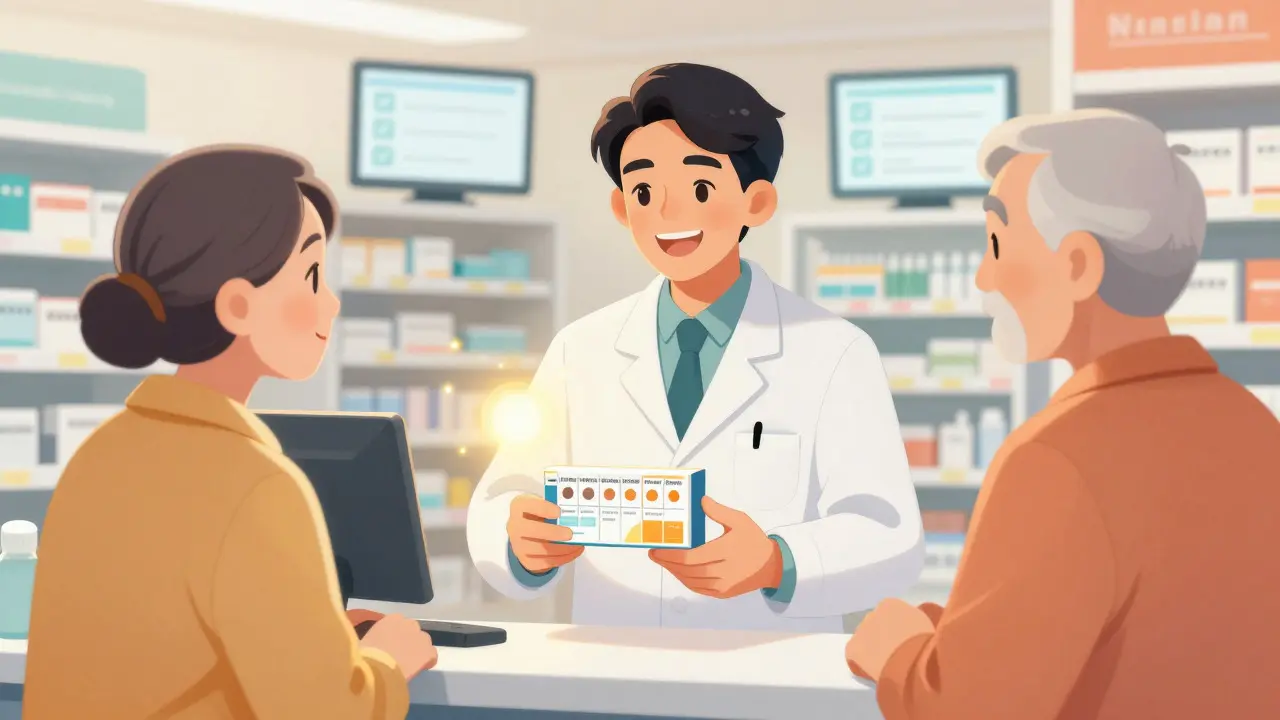 Pharmacist presenting organized monthly meds to a relieved patient