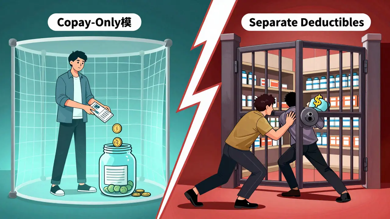 Split-screen manhua art comparing easy copay plans versus difficult separate deductible barriers