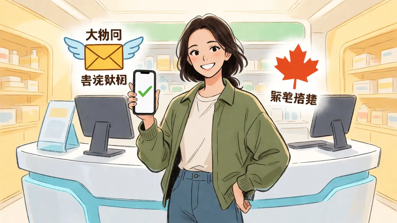 Woman ordering meds online with phone and icons